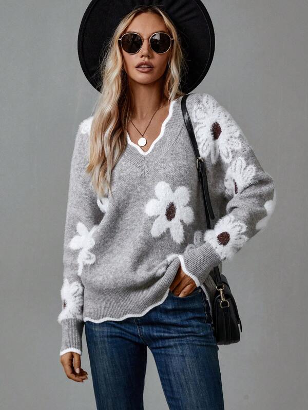 Deborah | Elegant V-Neck Floral Sweater