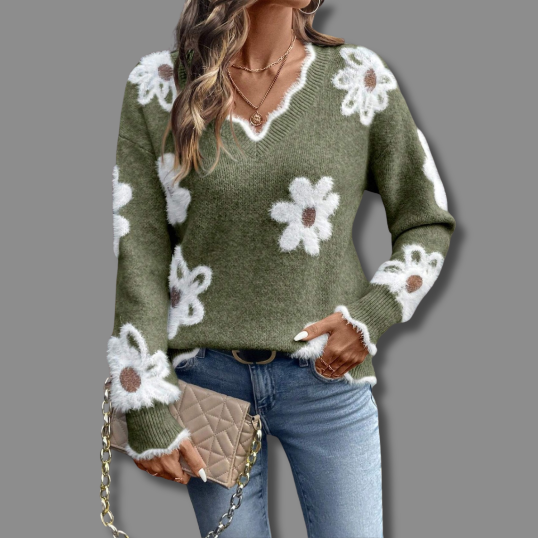 Deborah | Elegant V-Neck Floral Sweater
